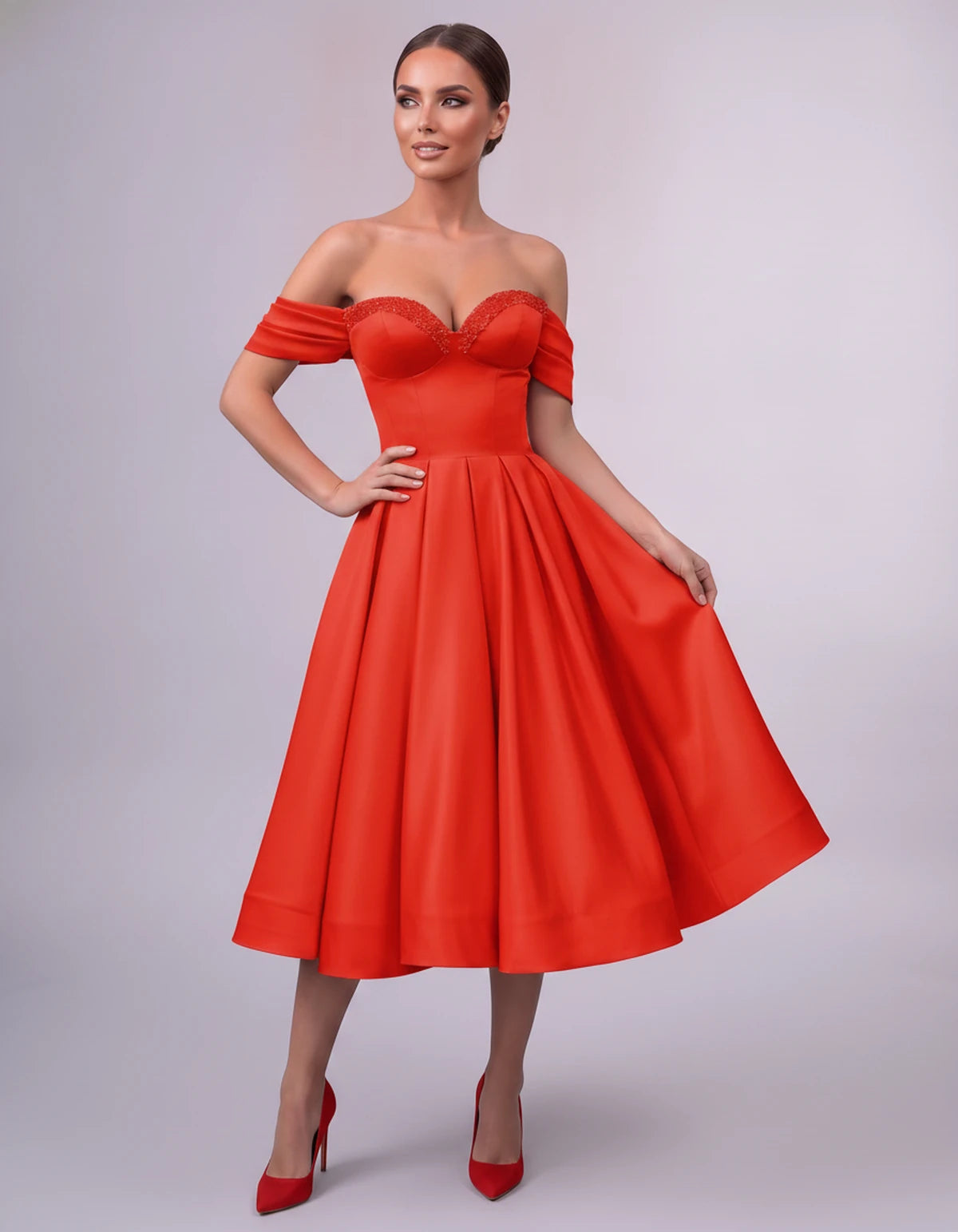 Jessamine Midi Dresses — Red | SKU: SD-30464-red-2,SD-30464-red-4,SD-30464-red-6,SD-30464-red-8,SD-30464-red-10,SD-30464-red-12,SD-30464-red-14,SD-30464-red-14W,SD-30464-red-16,SD-30464-red-16W,SD-30464-red-18W,SD-30464-red-20W