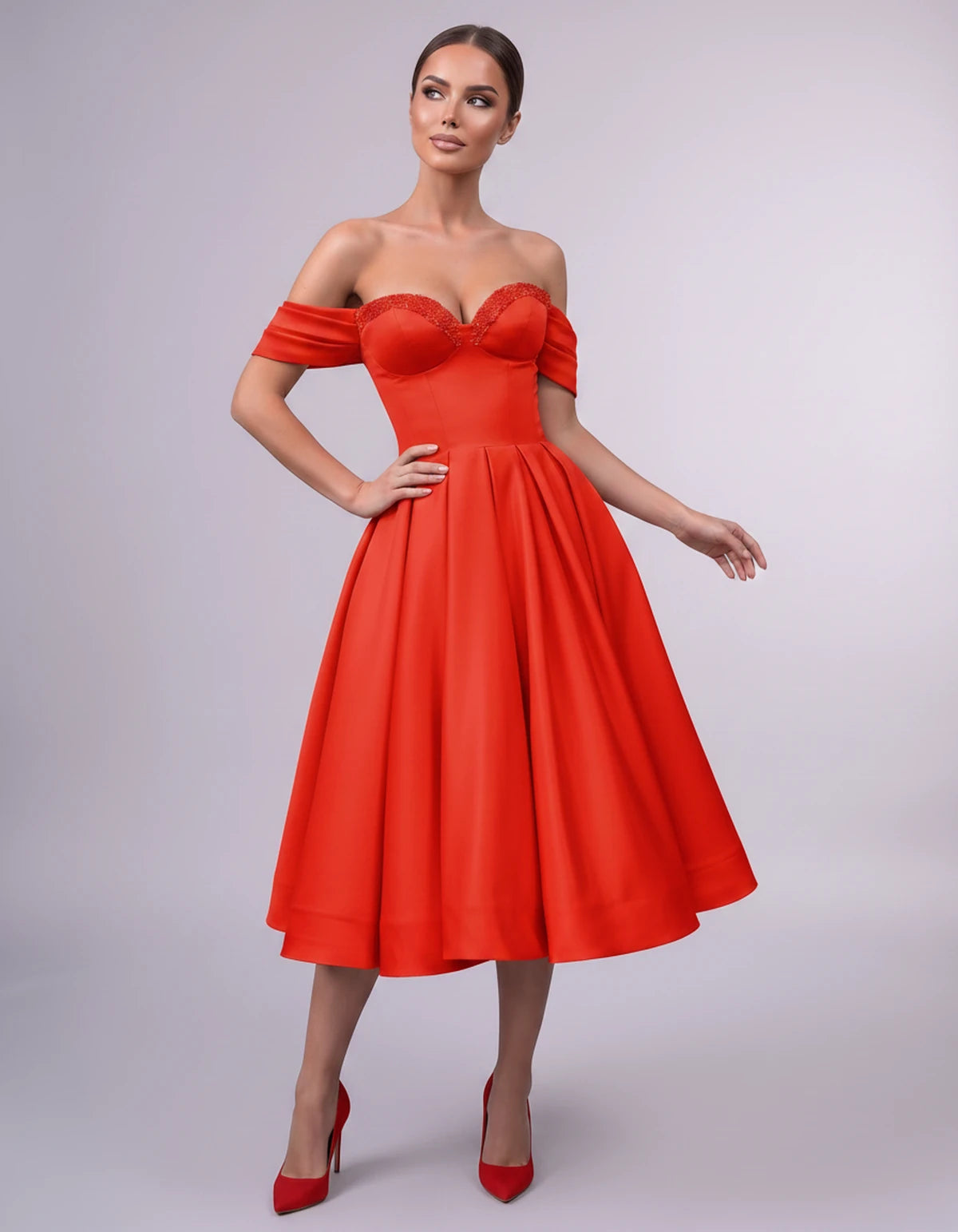 Jessamine Midi Dresses — Red | SKU: SD-30464-red-2,SD-30464-red-4,SD-30464-red-6,SD-30464-red-8,SD-30464-red-10,SD-30464-red-12,SD-30464-red-14,SD-30464-red-14W,SD-30464-red-16,SD-30464-red-16W,SD-30464-red-18W,SD-30464-red-20W