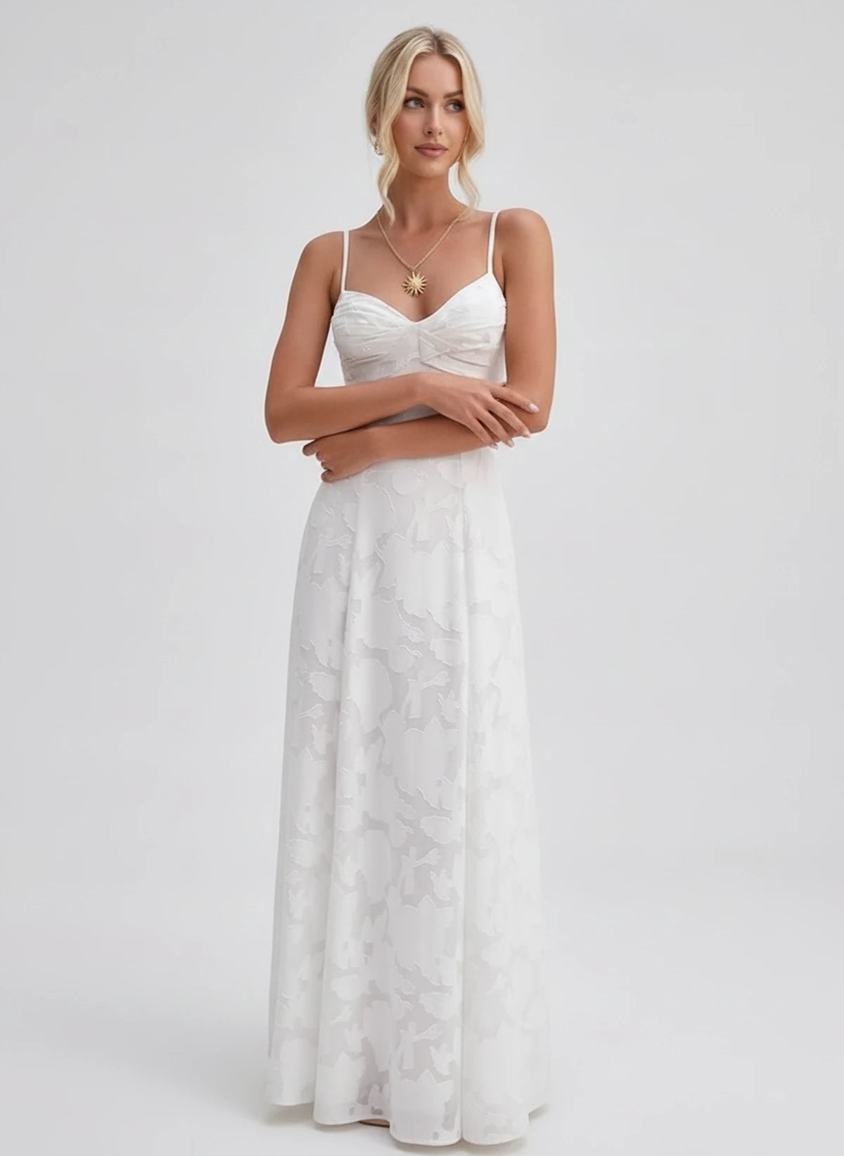 Karenza Maxi Dress — White | SKU: SD-83423-white-2,SD-83423-white-4,SD-83423-white-6,SD-83423-white-8,SD-83423-white-10,SD-83423-white-12,SD-83423-white-14,SD-83423-white-16,SD-83423-white-16W,SD-83423-white-18W,SD-83423-white-20W,SD-83423-white-22W