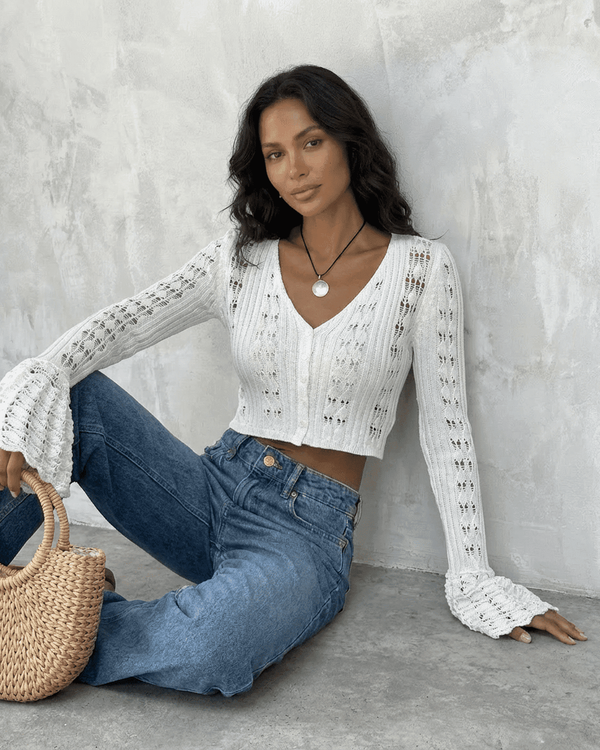 Laceflare Cardigan by SLIMONA, elegant white cotton knitwear with flare sleeves and V-neckline.