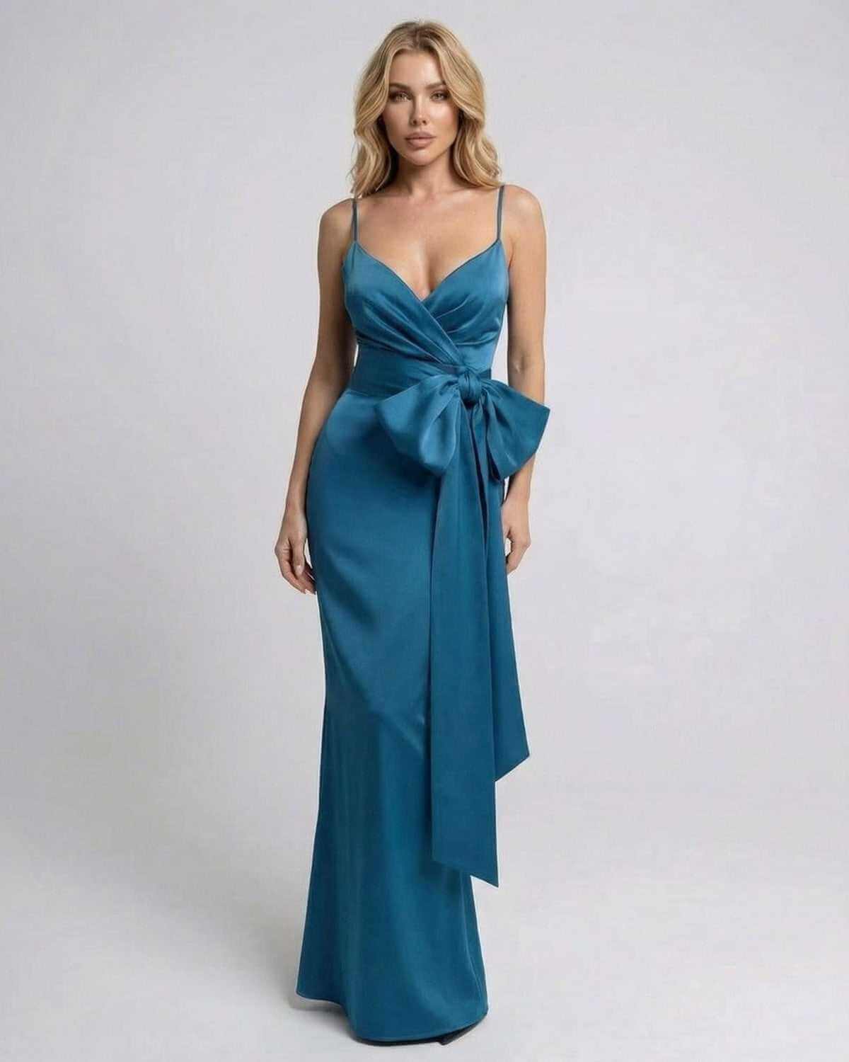 Laguna Maxi Dress by SLIMONA, featuring a teal wrap-inspired bodice and dramatic side bow detail.