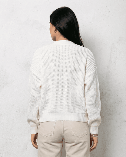 Back view of Alba Cardigan by SLIMONA, showcasing its classic white knit design and soft fit.
