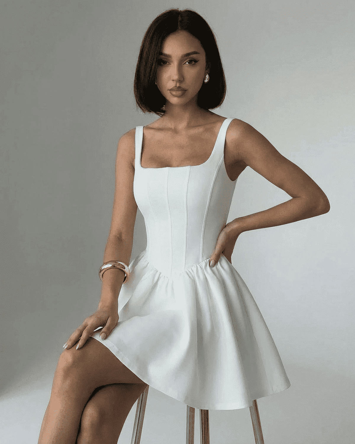 Alba Mini Dress by SLIMONA - Pure white corset mini dress with square neckline and structured silhouette.