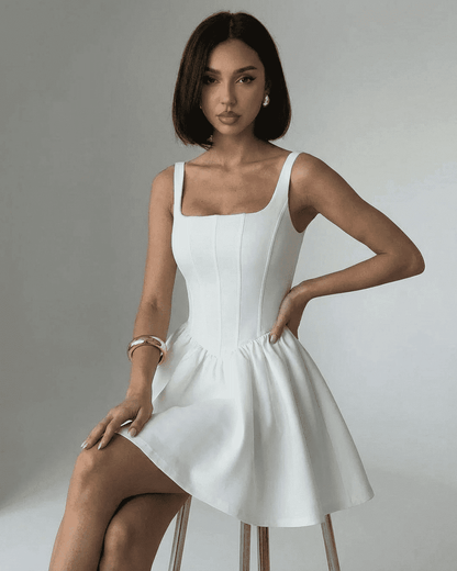 Alba Mini Dress by SLIMONA - Pure white corset mini dress with square neckline and structured silhouette.