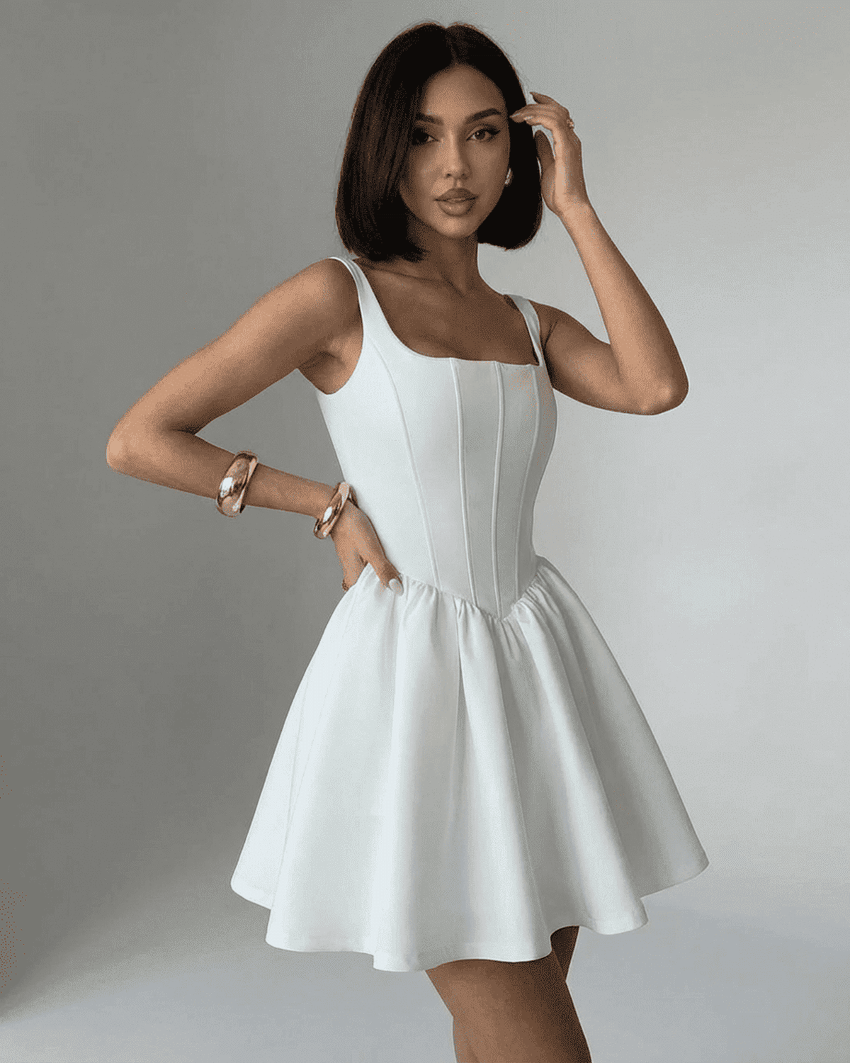 Alba Mini Dress by SLIMONA - Pure white structured corset mini dress with square neckline and flared skirt.