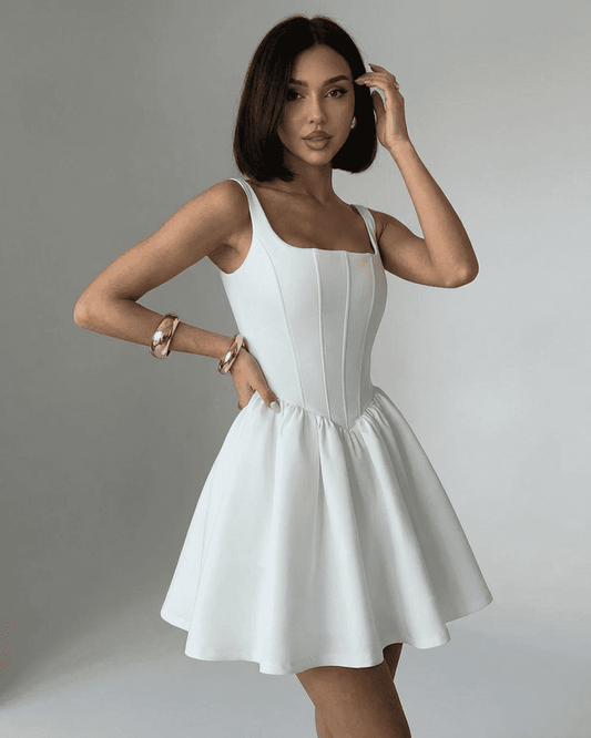 Alba Mini Dress by SLIMONA - Pure white structured corset mini dress with square neckline and flared skirt.