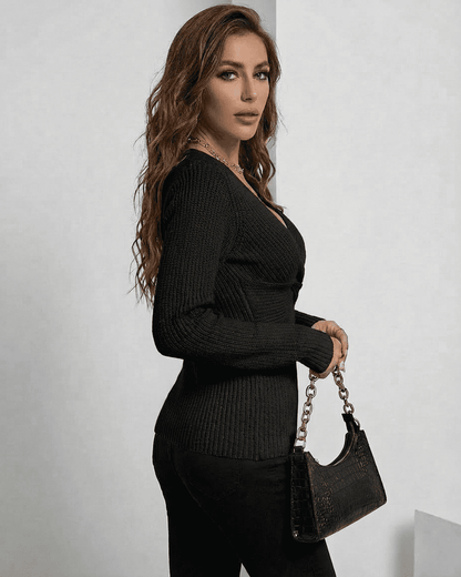 Alina Pullover: Sleek ribbed slim fit V-neck sweater in elegant black by SLIMONA, enhancing your silhouette with style.
