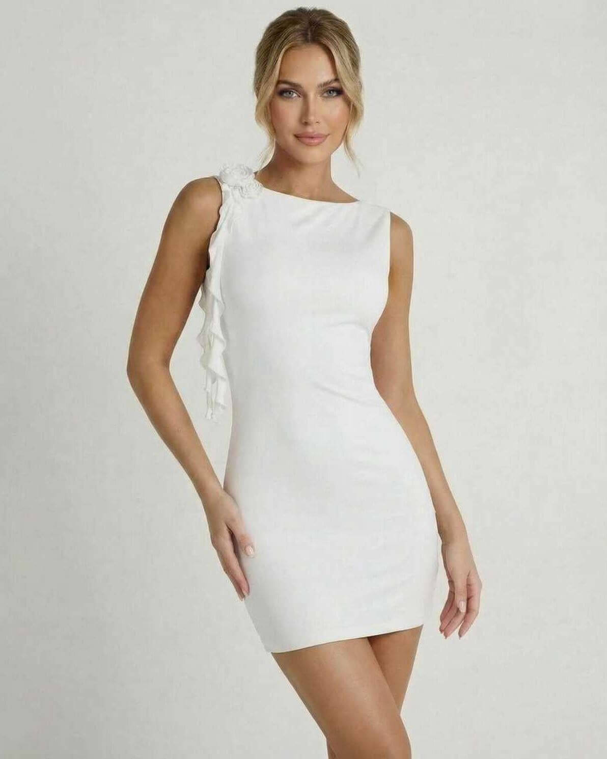 Allegra Mini Dress by Lauven - Chic white sleeveless bodycon dress with ruffle accent.