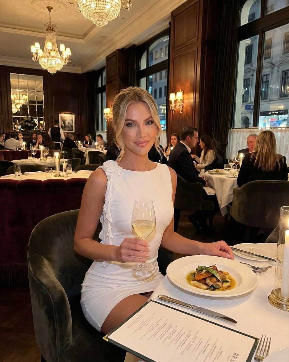 Allegra Mini Dress by Lauven on a woman at a restaurant, showcasing its chic white sleeveless design and ruffle accent.