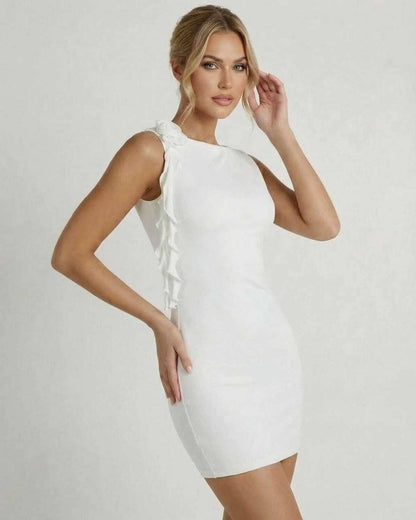 Allegra Mini Dress by Lauven - Chic white sleeveless bodycon with ruffle accent, perfect for modern elegance.