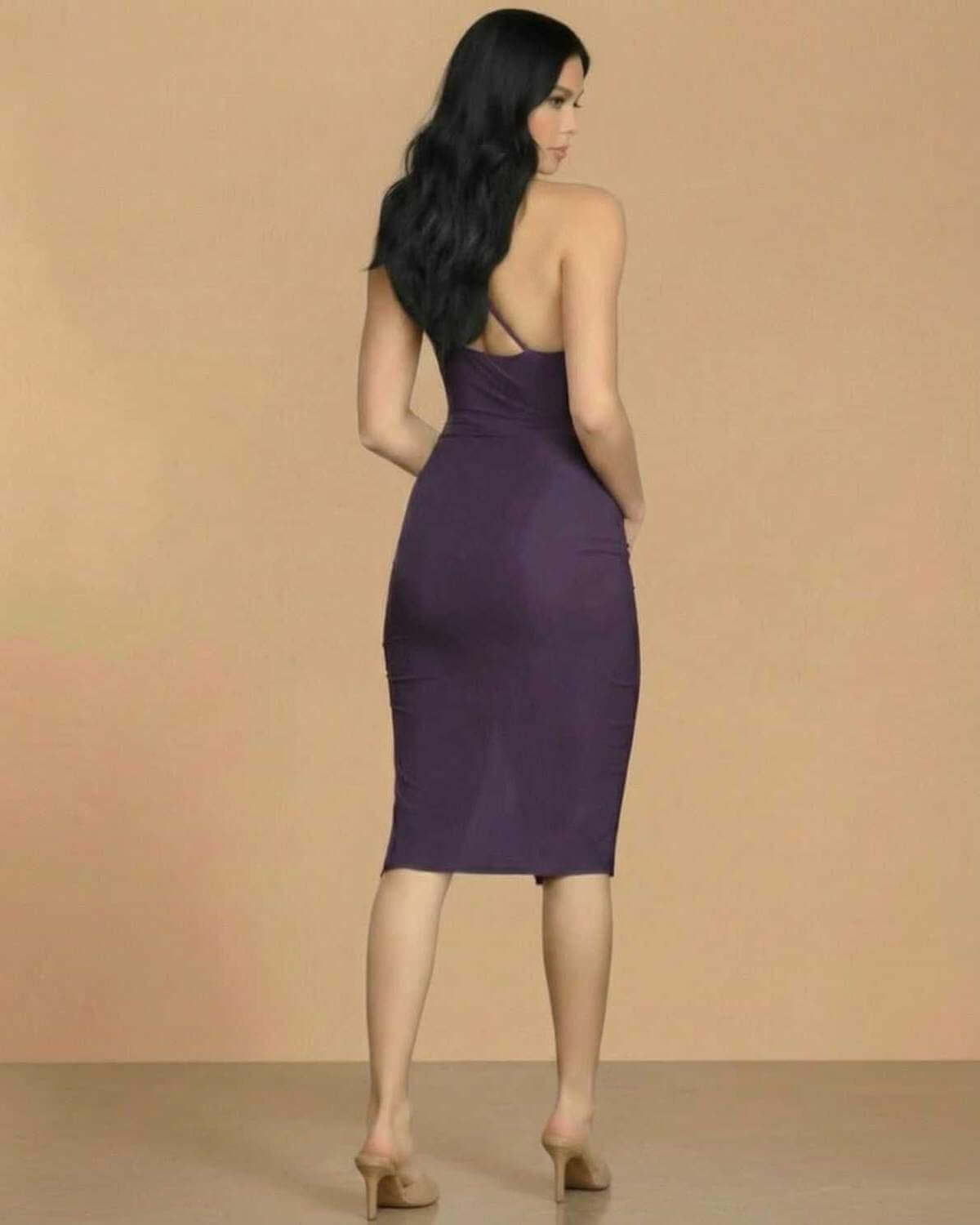 Amethyst Midi Dress by SLIMONA, showcasing a sleek bodycon fit and elegant cowl neck design.