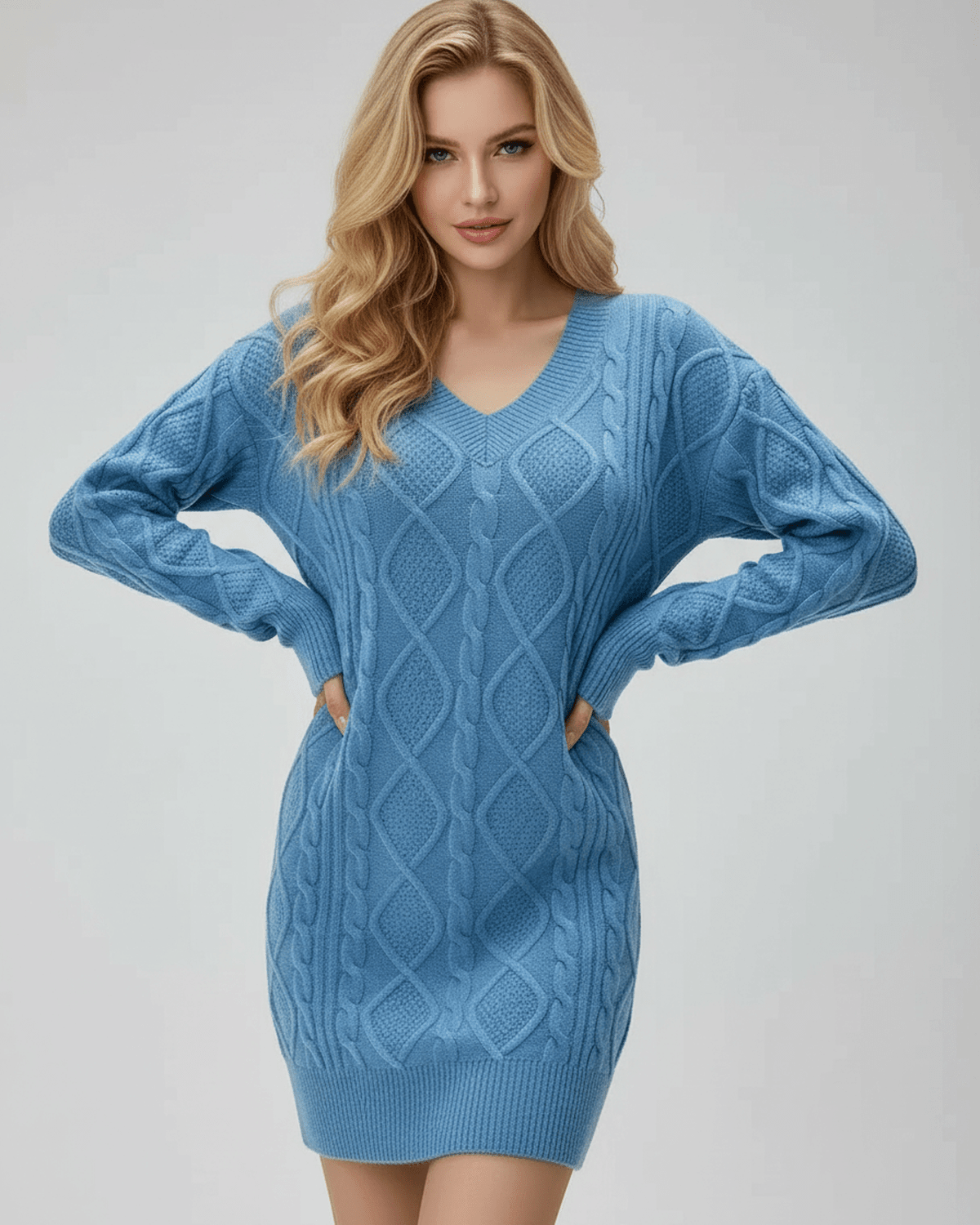 Lauven Arden Knit Dress in blue cable knit, featuring long sleeves and a V-neckline for a stylish autumn look.