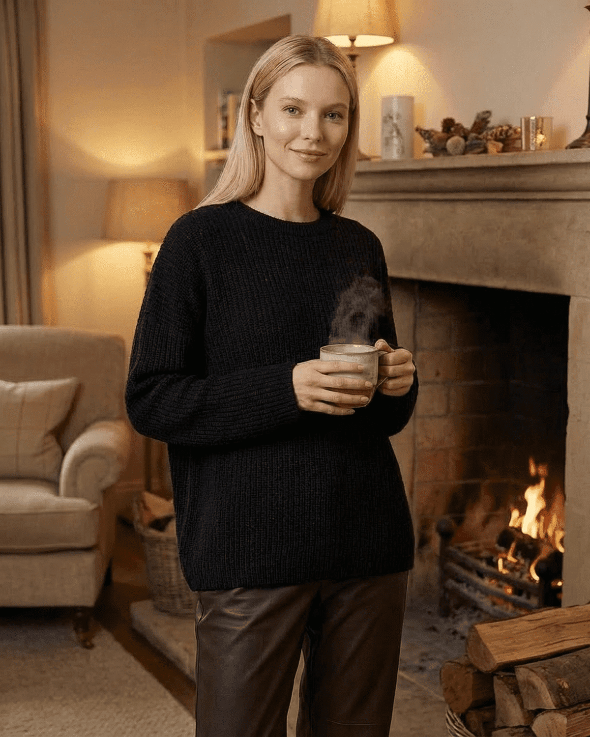 Arden Sweater by SLIMONA - Loose fit ribbed knitwear in cozy setting with hot drink by the fireplace.