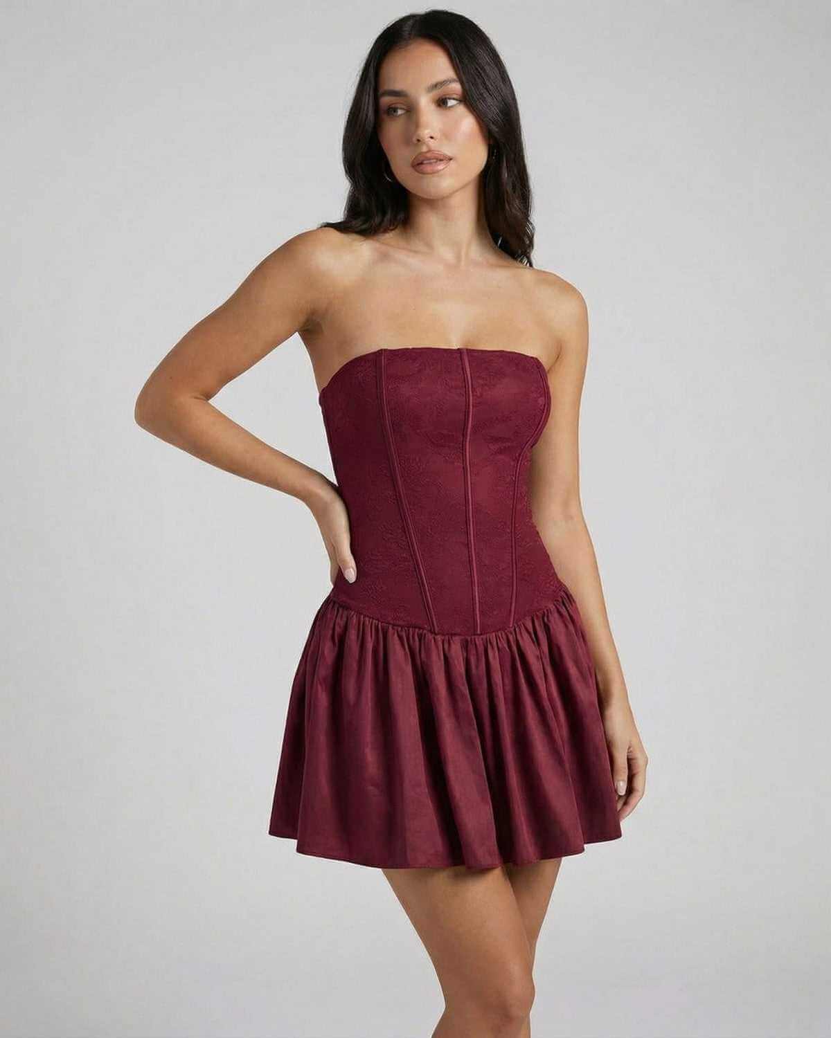 Asteria Mini Dress by SLIMONA, strapless burgundy corset mini dress with fairy silhouette and flared skirt.