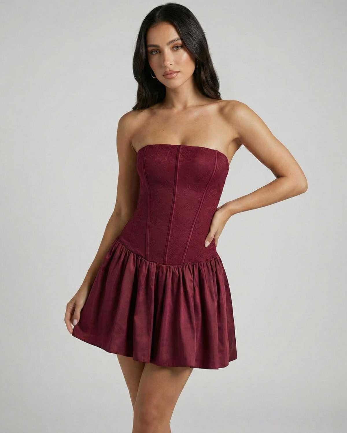 Asteria Mini Dress by SLIMONA in rich burgundy, featuring a strapless corset bodice and flared skirt.