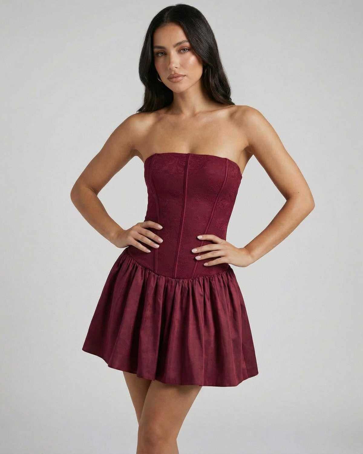 Asteria Mini Dress by SLIMONA - Burgundy strapless corset fairy silhouette mini dress with flared skirt.