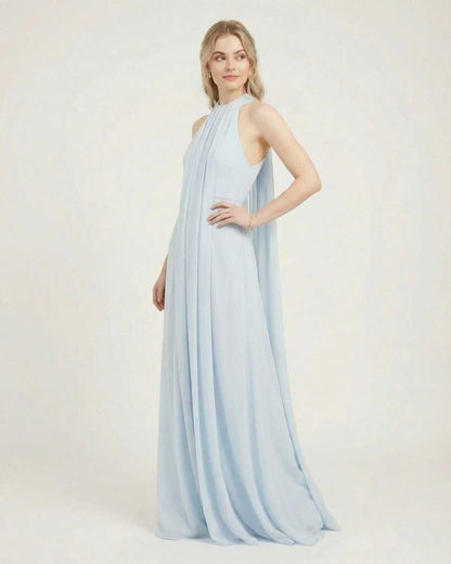 Aurelia Maxi Dress by SLIMONA - Light Blue Halter Neck Sleeveless Maxi Dress with Flowing Silhouette.