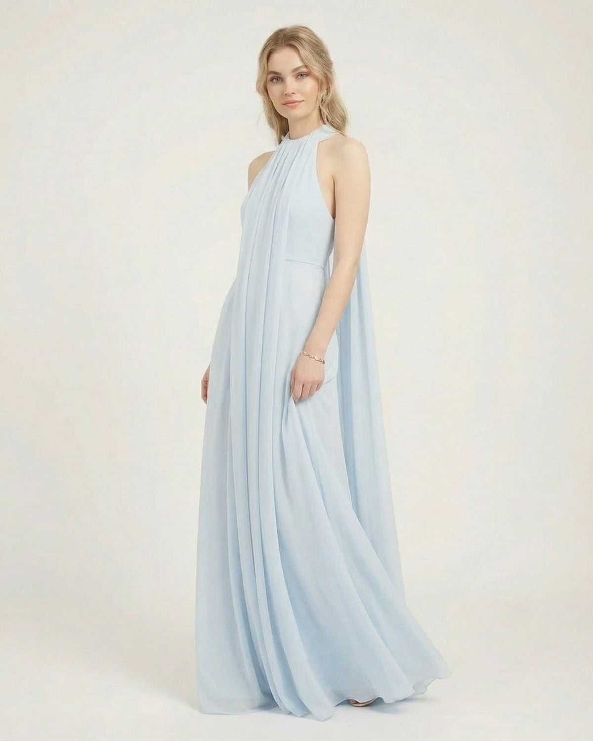 Aurelia Maxi Dress by SLIMONA - Light blue halter neck sleeveless dress with flowing silhouette and loose fit.