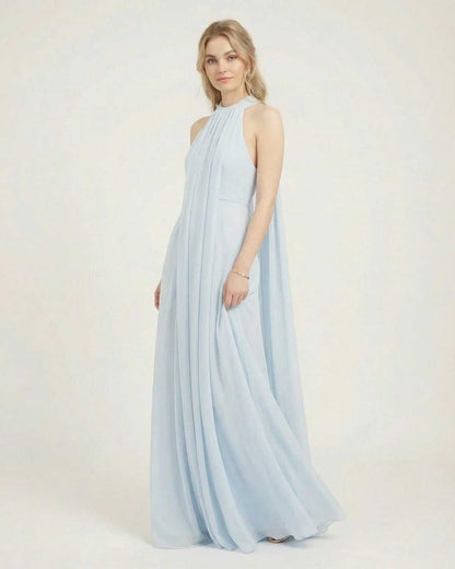 Aurelia Maxi Dress by SLIMONA - Light blue halter neck sleeveless dress with flowing silhouette and loose fit.