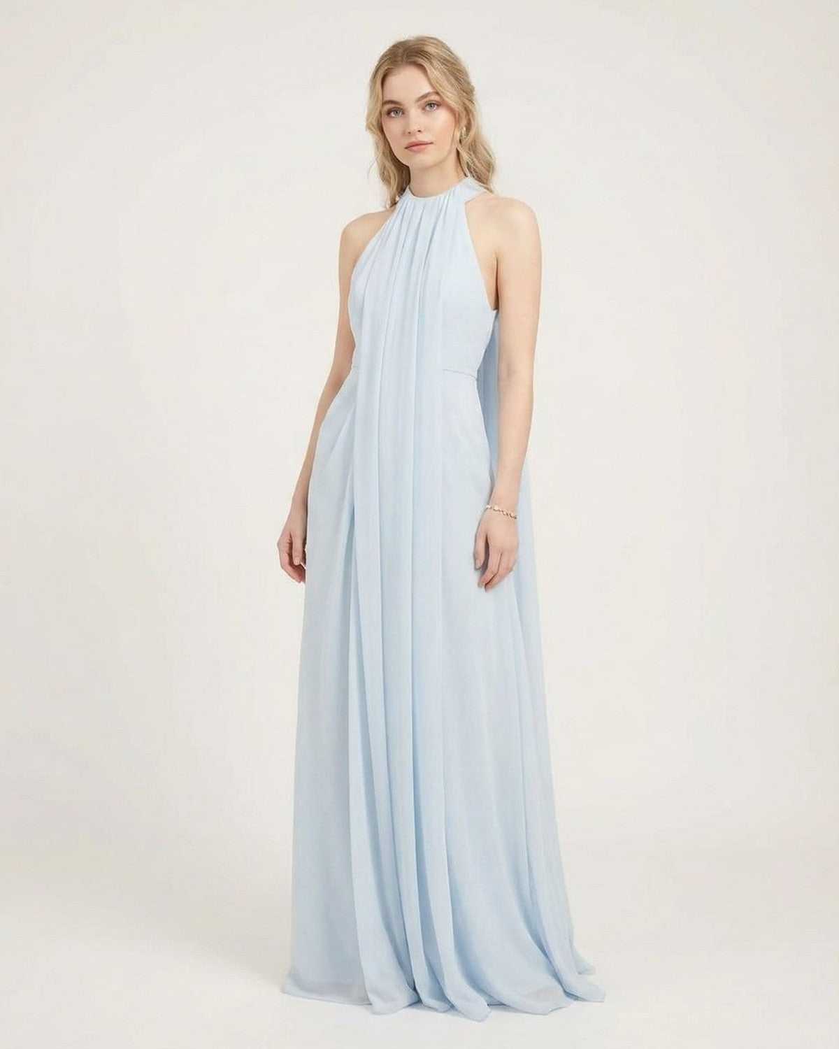 Aurelia Maxi Dress by SLIMONA - Light blue halter neck sleeveless maxi dress with a flowing silhouette.