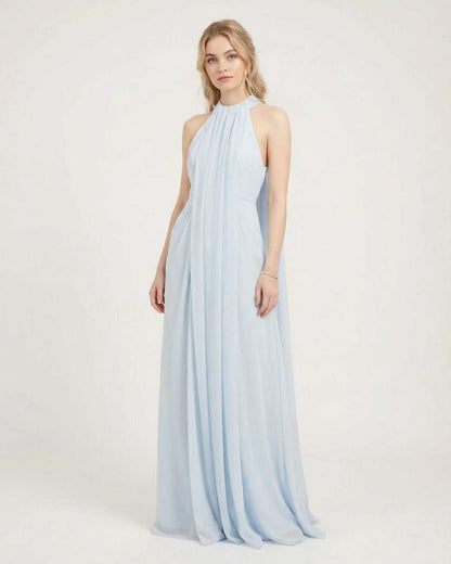 Aurelia Maxi Dress by SLIMONA - Light blue halter neck sleeveless maxi dress with a flowing silhouette.