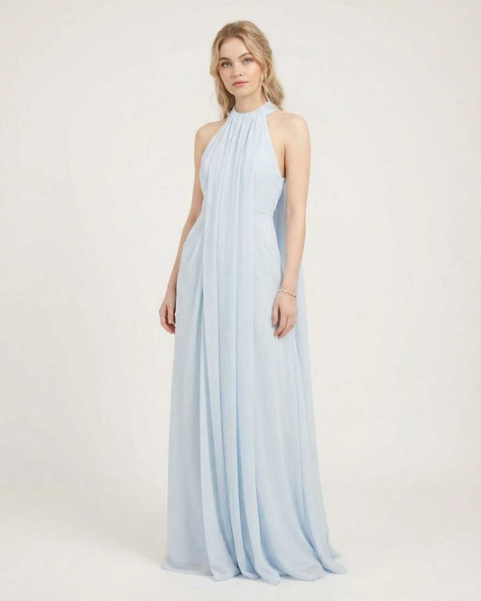 Aurelia Maxi Dress by SLIMONA - Light blue halter neck sleeveless maxi dress with a flowing silhouette.
