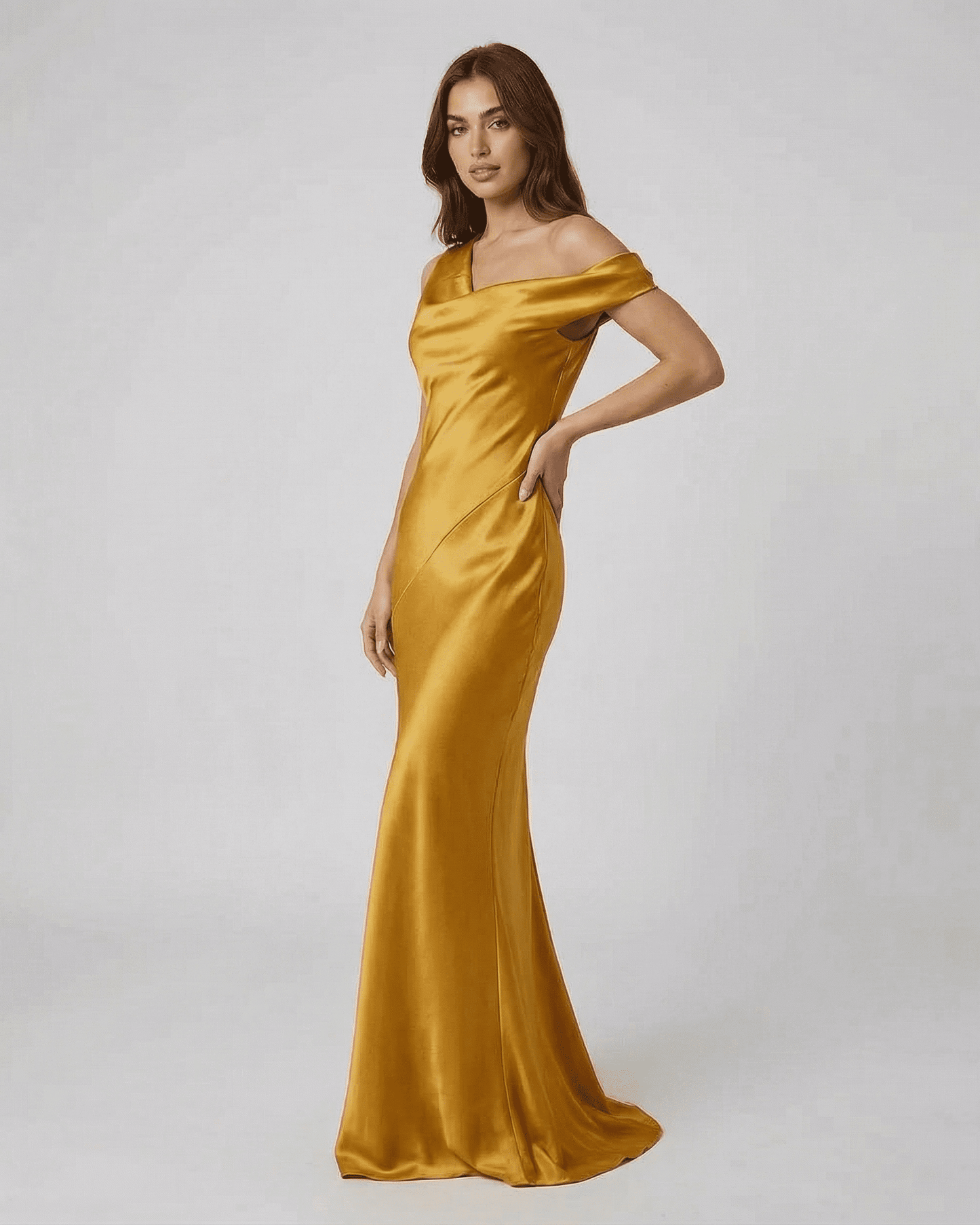 Aurelia Maxi Dress by SLIMONA: Elegant satin gold dress with high waist and open back, perfect for special occasions.