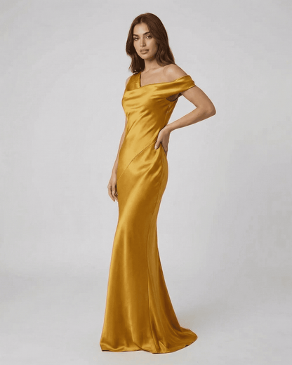 Aurelia Maxi Dress by SLIMONA: Elegant satin gold dress with high waist and open back, perfect for special occasions.
