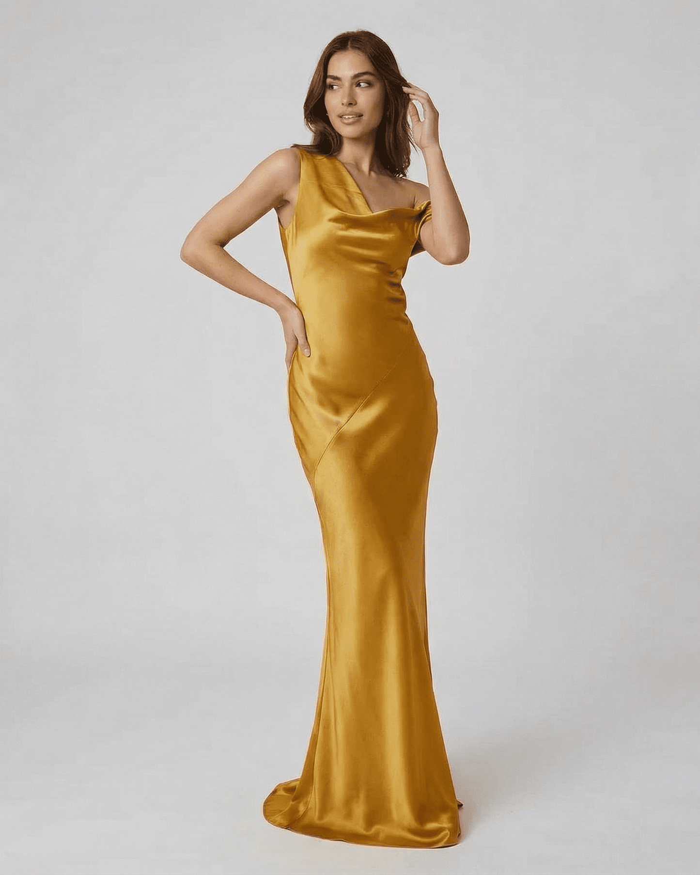 Aurelia Maxi Dress by SLIMONA - Satin gold dress with high waist, open back, and fluid silhouette.