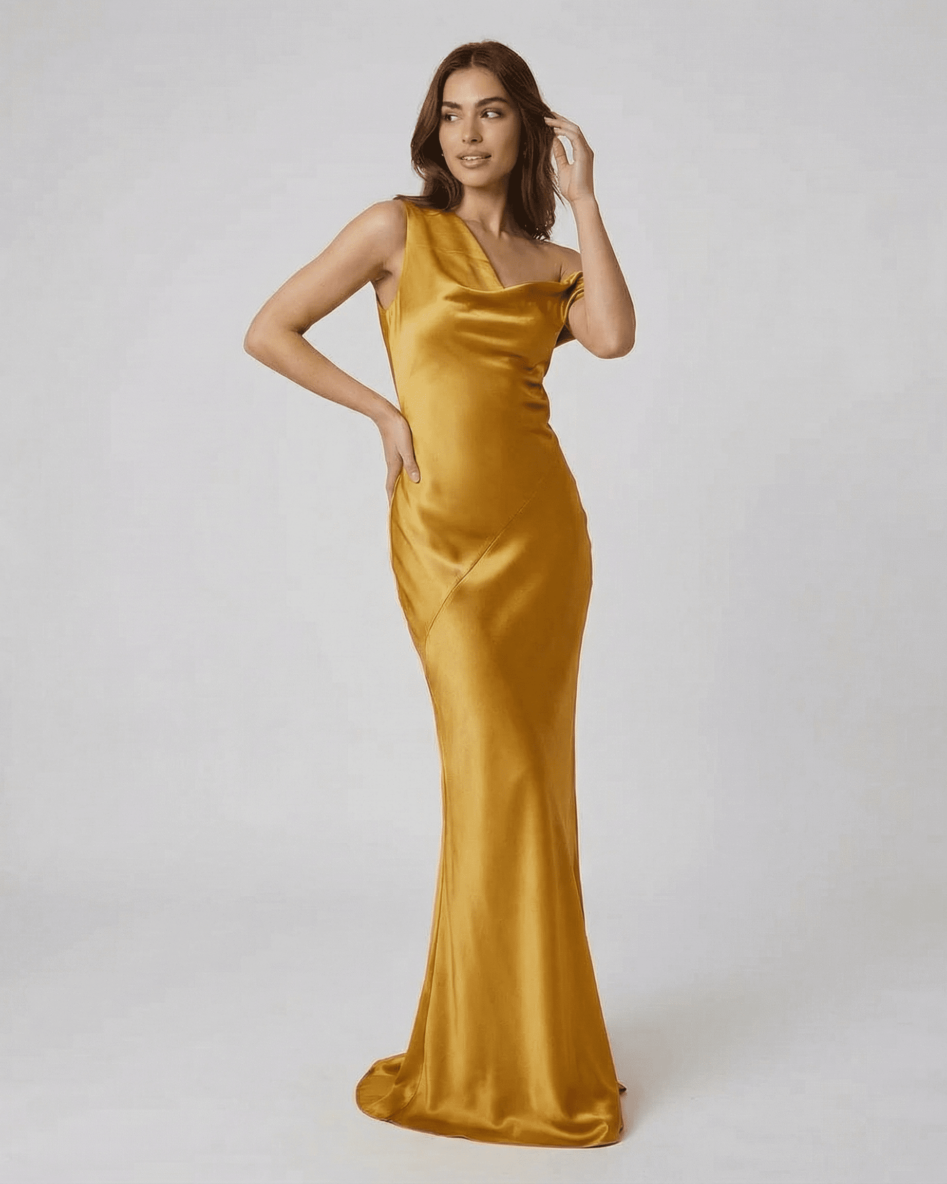 Aurelia Maxi Dress by SLIMONA - Satin gold dress with high waist, open back, and fluid silhouette.