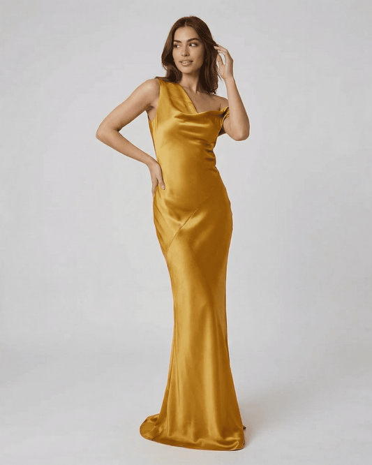 Aurelia Maxi Dress by SLIMONA - Satin gold dress with high waist, open back, and fluid silhouette.