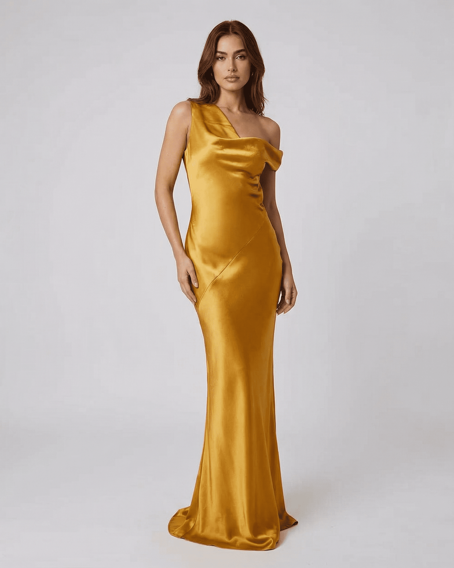 Aurelia Maxi Dress by SLIMONA - satin gold floor-length dress with a high waist and elegant silhouette.