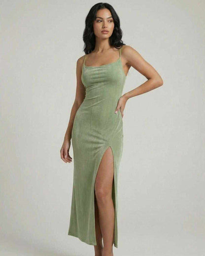 Aurelia Midi Dress by Lauven featuring a green slim fit silhouette with a square neck and asymmetrical slit.
