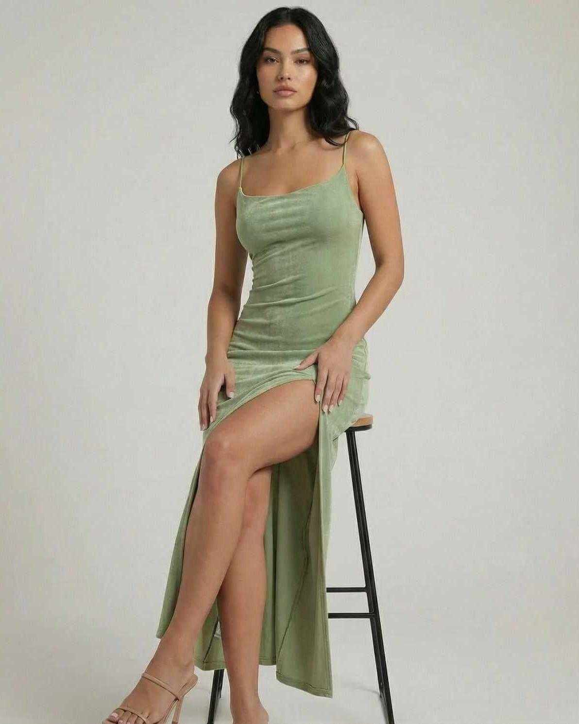 Aurelia Midi Dress by Lauven - Square neck, slim fit, asymmetrical slit in green, perfect for a stylish silhouette.