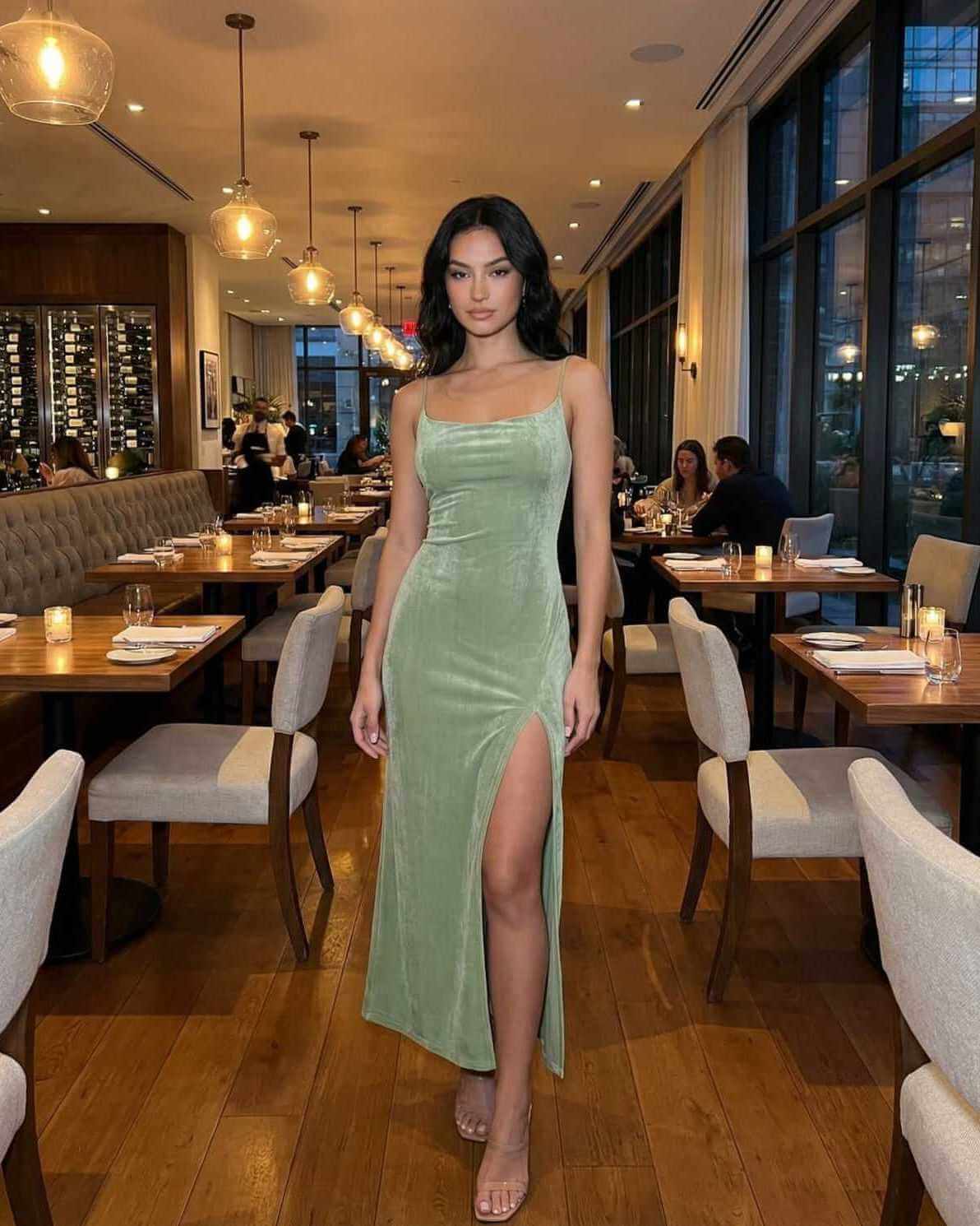 Model wearing the Aurelia Midi Dress by Lauven, featuring a square neck and asymmetrical slit, in a chic restaurant setting.