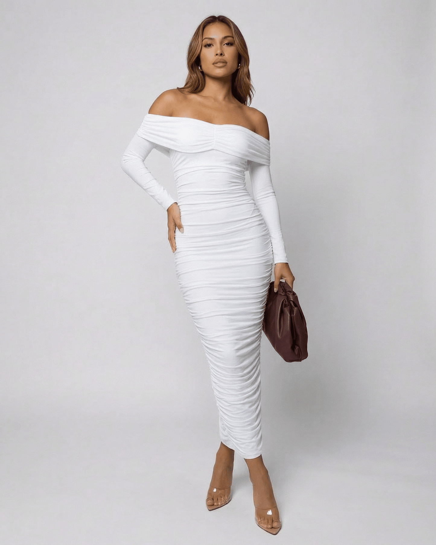 Auriel Midi Dress by SLIMONA – Off-the-shoulder, ruched white midi dress for elegant occasions.