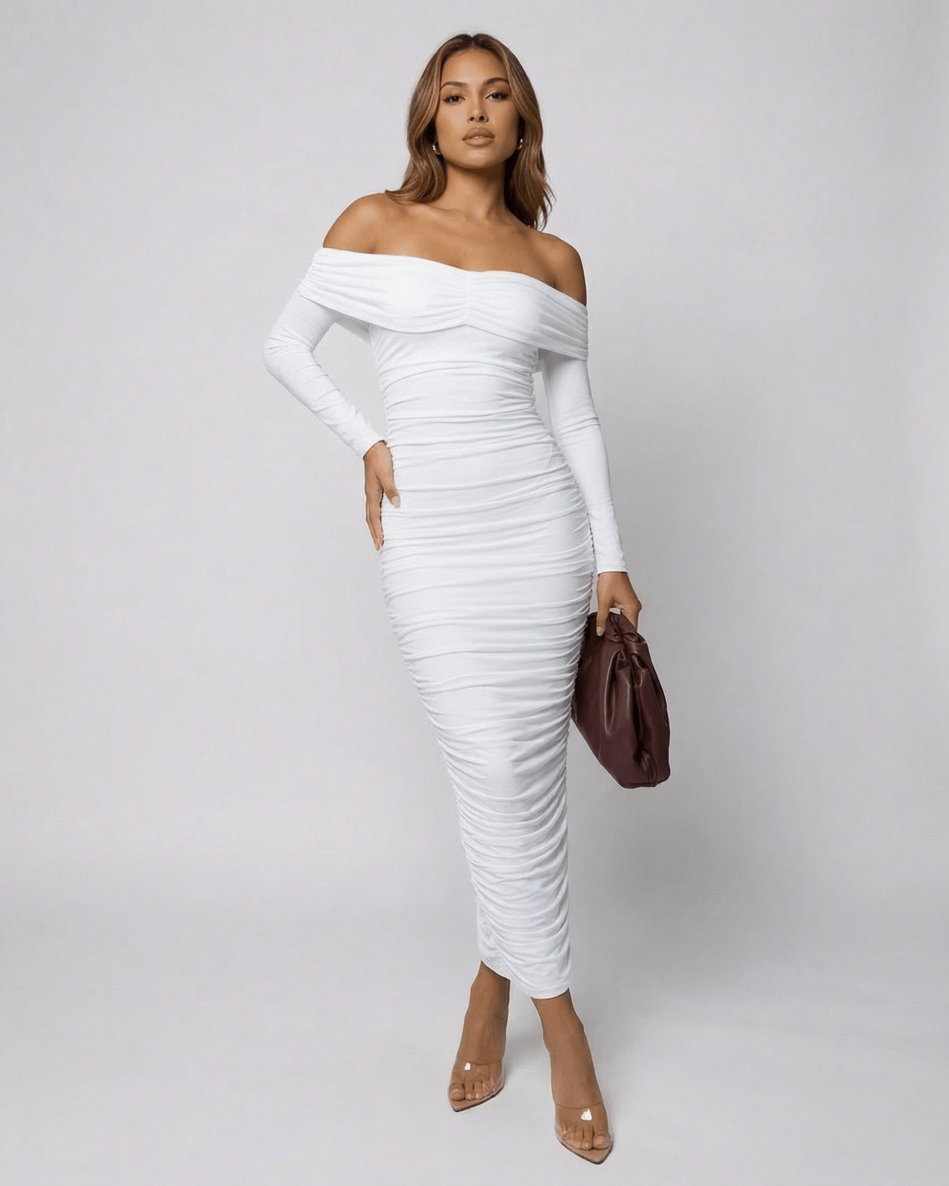 Auriel Midi Dress by SLIMONA – Off-the-shoulder, ruched white midi dress for elegant occasions.