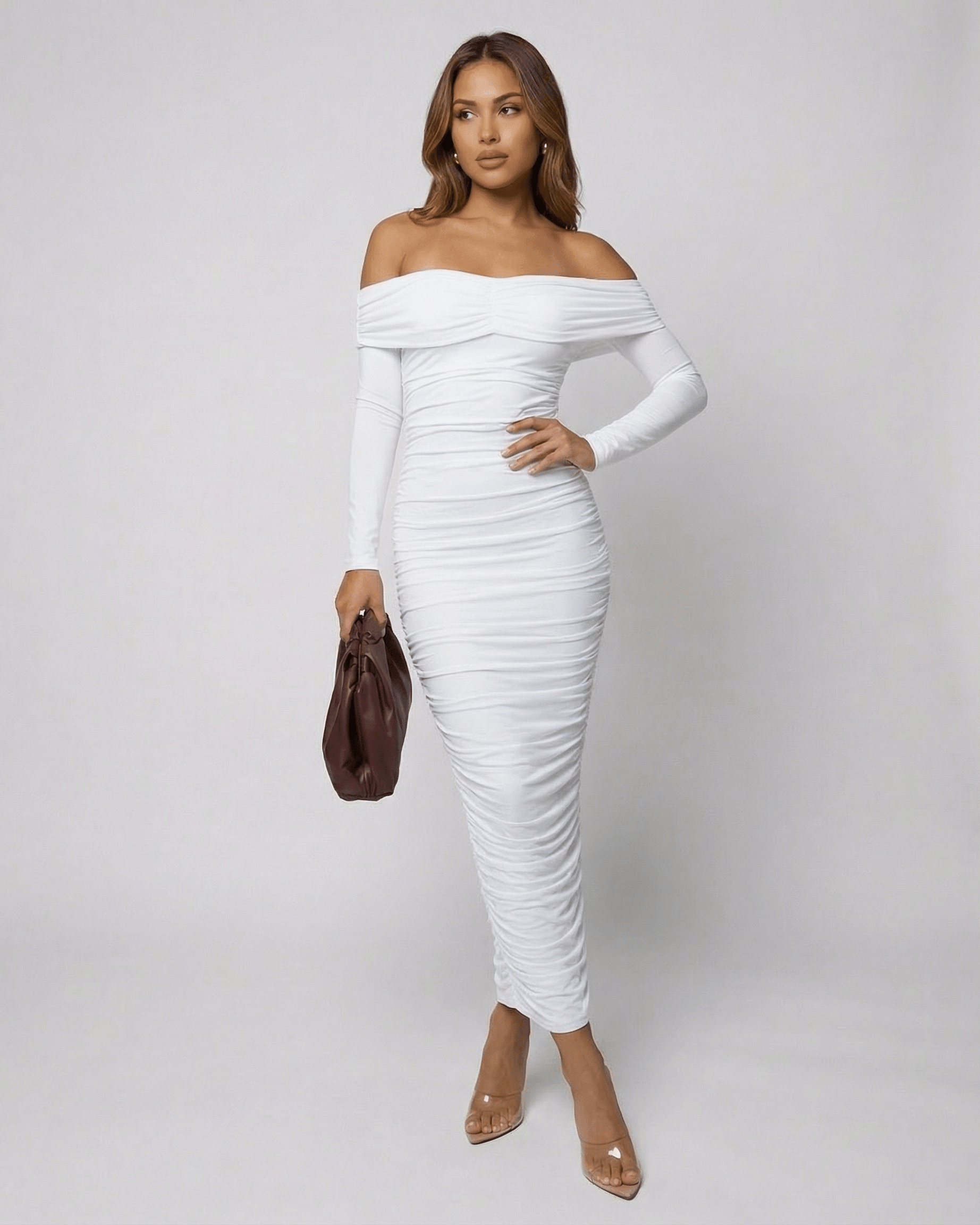 Auriel Midi Dress by SLIMONA featuring off-the-shoulder design in elegant white fabric.