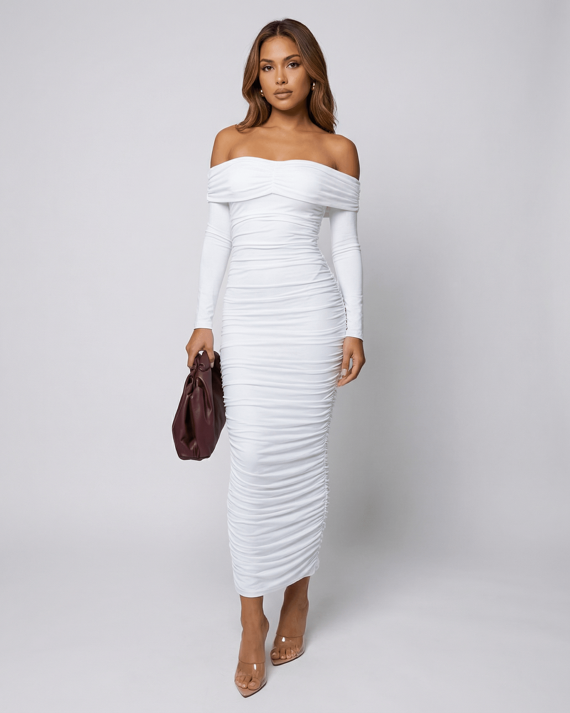 Auriel Midi Dress by SLIMONA - Elegant off-the-shoulder white midi dress with ruched detailing.