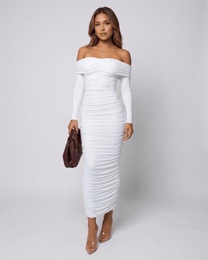 Auriel Midi Dress by SLIMONA - Elegant off-the-shoulder white midi dress with ruched detailing.