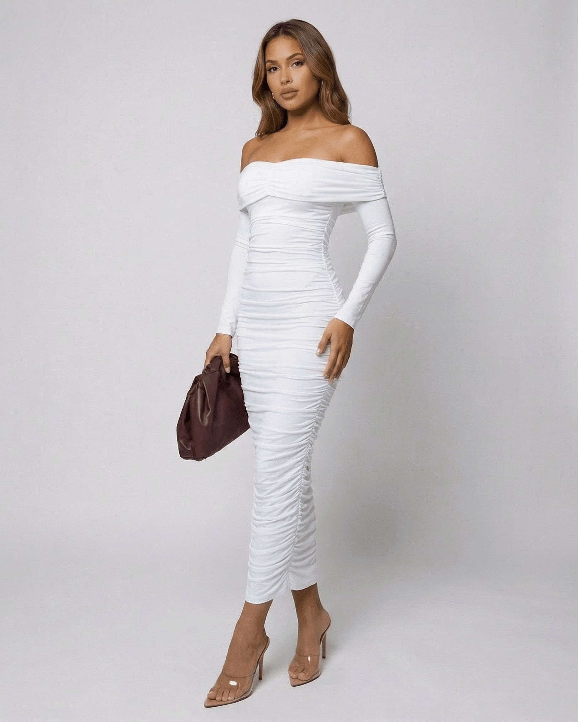 Auriel Midi Dress by SLIMONA showcasing an off-the-shoulder style and ruched design for elegant occasions.