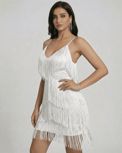 Aurora Mini Dress by SLIMONA showcasing fringe detailing and V-neck silhouette for a chic look.