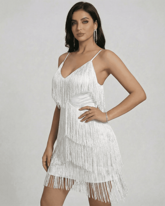 Aurora Mini Dress by SLIMONA showcasing fringe detailing and V-neck silhouette for a chic look.