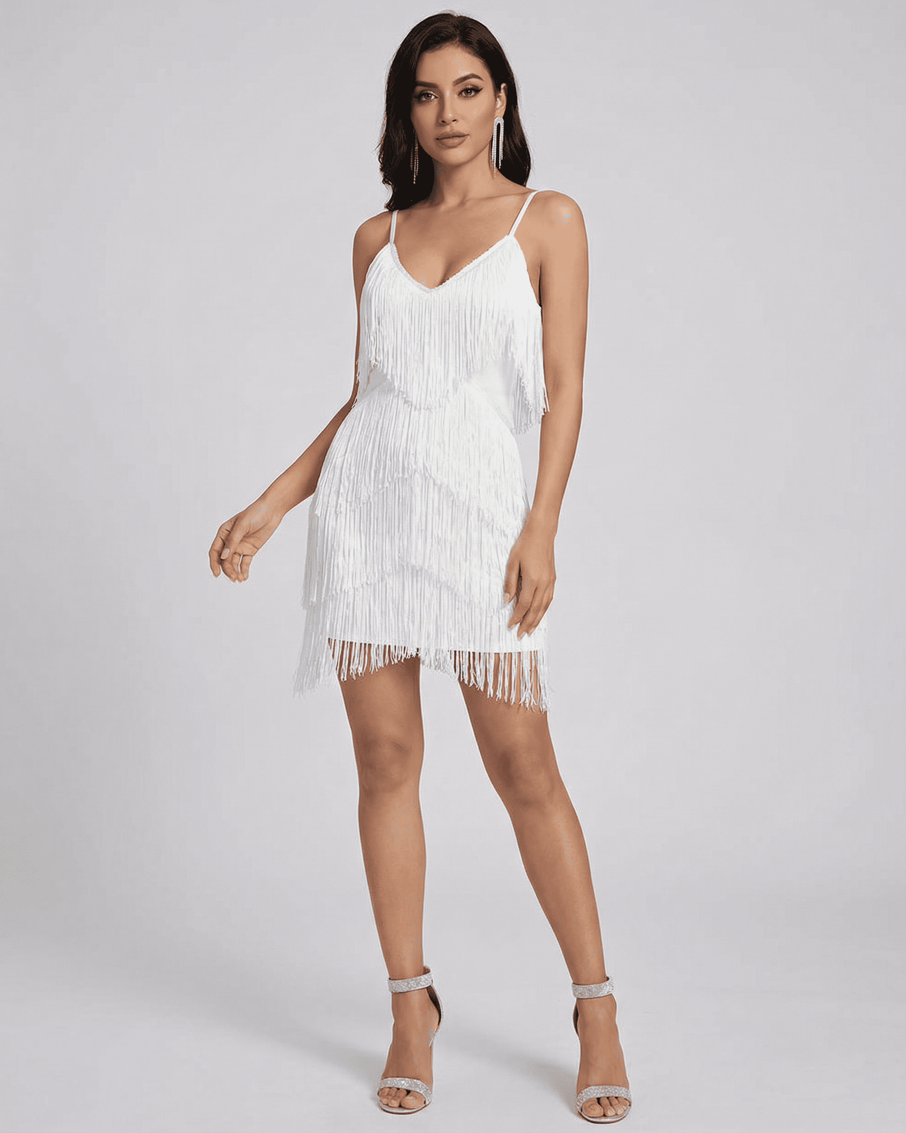 Aurora Mini Dress by SLIMONA, featuring fringe detailing and a V-neck silhouette, perfect for elegant summer outings.