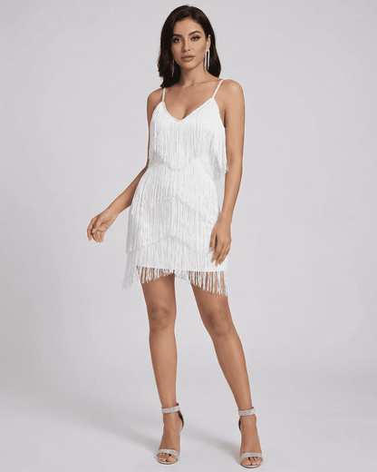 Aurora Mini Dress by SLIMONA, featuring fringe detailing and a V-neck silhouette, perfect for elegant summer outings.