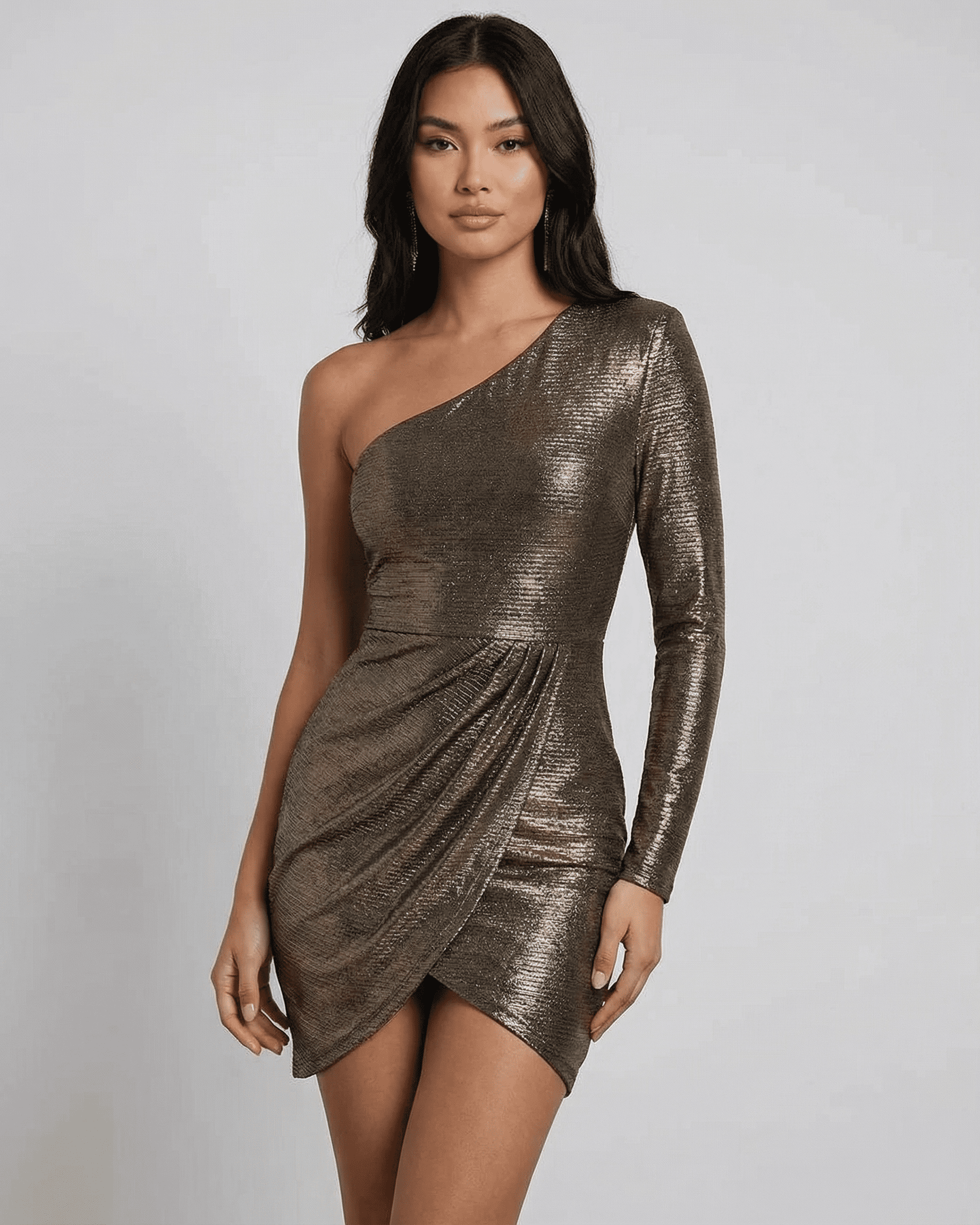 Aurora Mini Dress by SLIMONA, one-shoulder ruched mini dress with metallic finish.