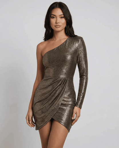 Aurora Mini Dress by SLIMONA, one-shoulder ruched mini dress with metallic finish.