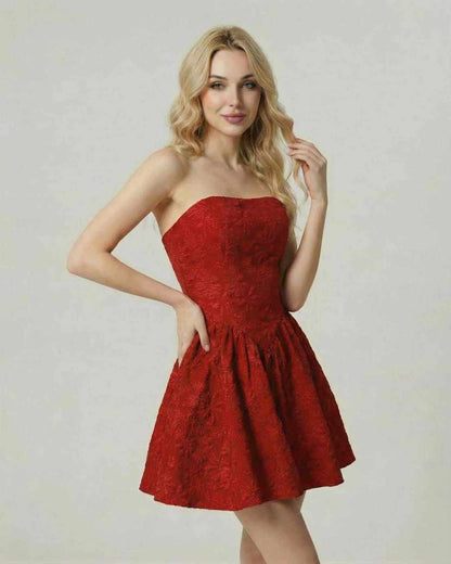 Aurora Mini Dress by Lauven, red floral jacquard, strapless, high waist, chic look for refined occasions.