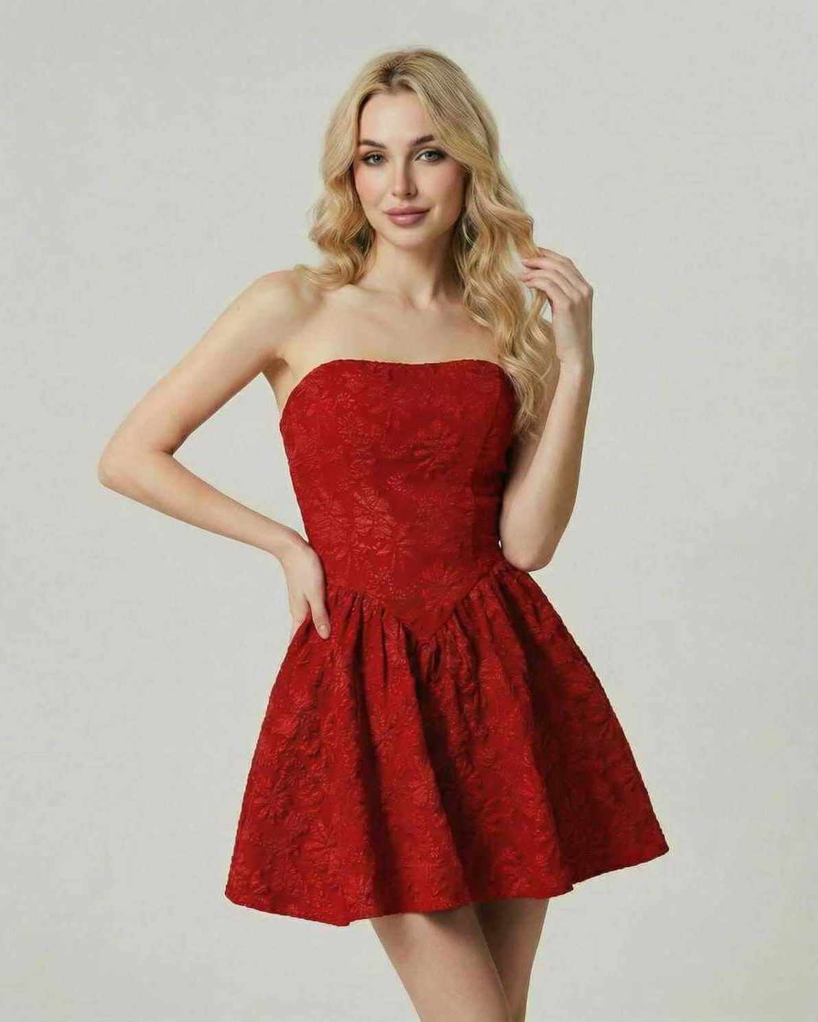 Aurora Mini Dress by Lauven, a strapless red floral jacquard dress with a high waist and flared skirt.