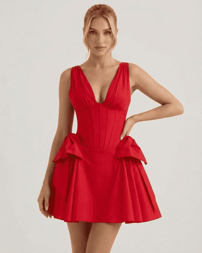 Aurora Mini Dress by SLIMONA - V-Neck Corset Pouf Party Mini Dress in Red, showcasing elegant silhouette design.
